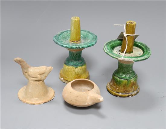 A pair of Ming green glazed candle holders and Song dynasty glazed bird and Indus vessel